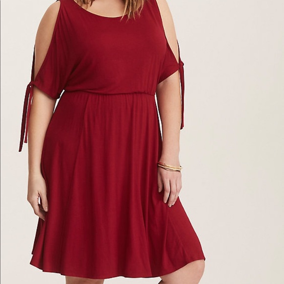 RED COLD SHOULDER JERSEY SKATER DRESS - Picture 2 of 7